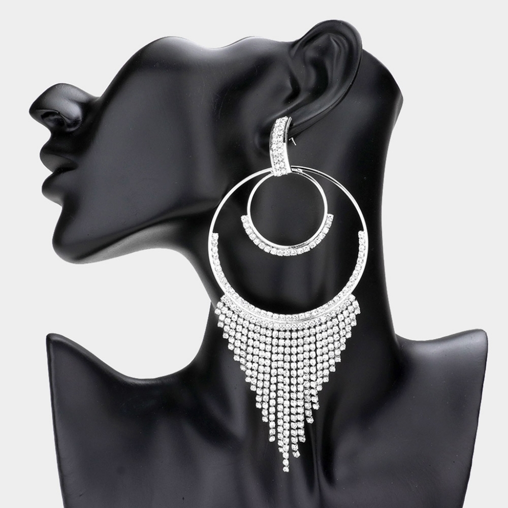 Silver Dangle Hoop Earrings Fringe Evening Rhinestone Crystal Statement Jewelry